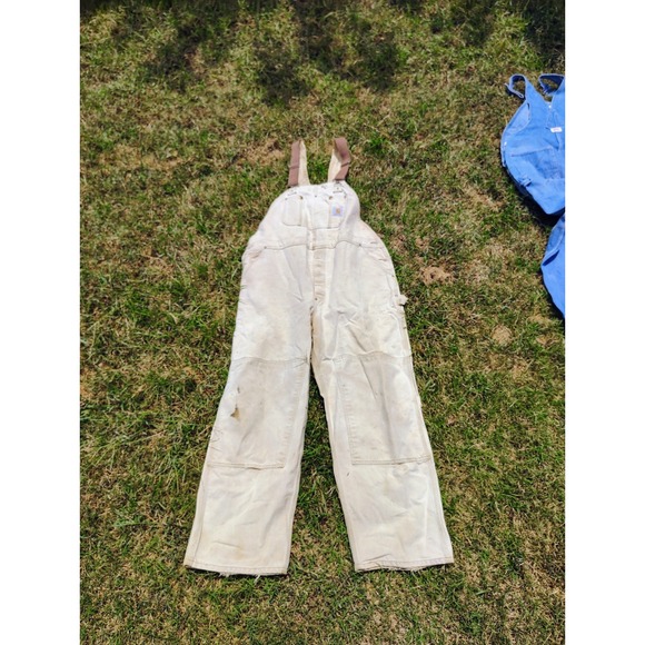 Vintage 80s Carhartt Bib Overalls Men's 44x30 Tan Brown Double Knee Duck Canvas - Picture 1 of 16
